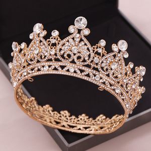 Tocados de Color dorado, coronas redondas grandes, Tiara, corona, corazón de cristal, accesorios para el cabello de boda, diadema de princesa reina, adornos nupciales