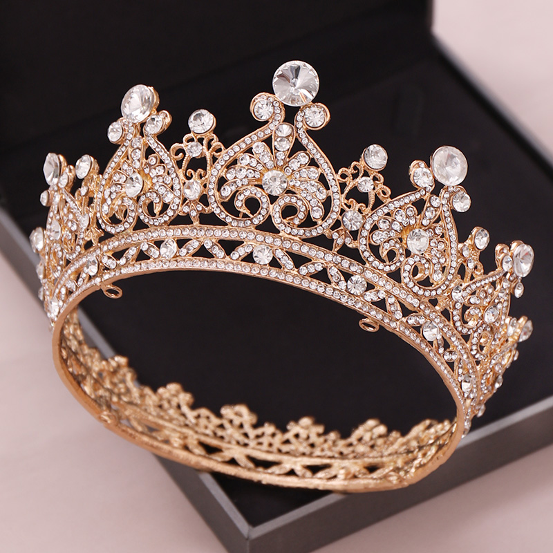 Headpieces Gold Color Big Round Crowns Tiara Crown Crystal Heart Wedding Haaraccessoires Queen Princess Diadeem Bruids ornamenten