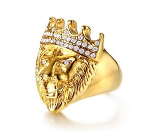Gold Color Classic 316L roestvrijstalen mannen Punk Hip Hop Ring Cool Lion Head Band Gold Ring Jewelry6450746