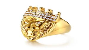 Gold Color Classic 316L roestvrij staal mannen Punk Hip Hop Ring Cool Lion Head Band Gold Ring Jewelry9843537