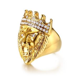 Goud Kleur Klassieke 316L Rvs Mannen Punk Hip Hop Ring Cool Lion Head Band Gouden Ring Jewelry9602128