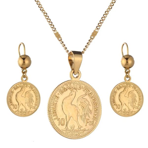 Colliers avec pendentif en forme de pièce de monnaie de couleur or pour femmes et hommes, ensemble de bijoux en pièces de monnaie françaises Lecoqgaulois, tendance, 240122