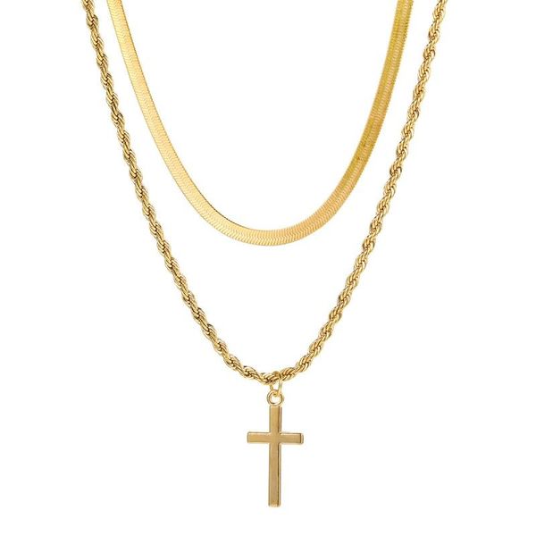 Color de couleur or collier double couche métallique Chaîne de cou Jésus crucifix bijou chrétien cadeau