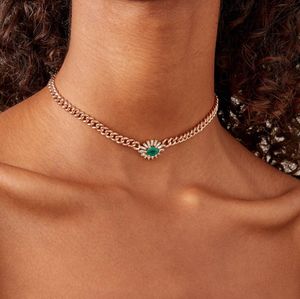 Gouden Kleur Cubaanse Choker Ketting Voor Vrouwen Baguette CZ Ovaal Groene Stenen Chunky Collar 2020 Nieuwe Mode-sieraden