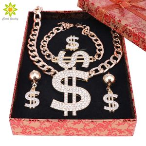 Gouden kleur dollarteken hanger sieraden set dollar met strass hanger ketting oorbellen ring armband + geschenkdozen H1022