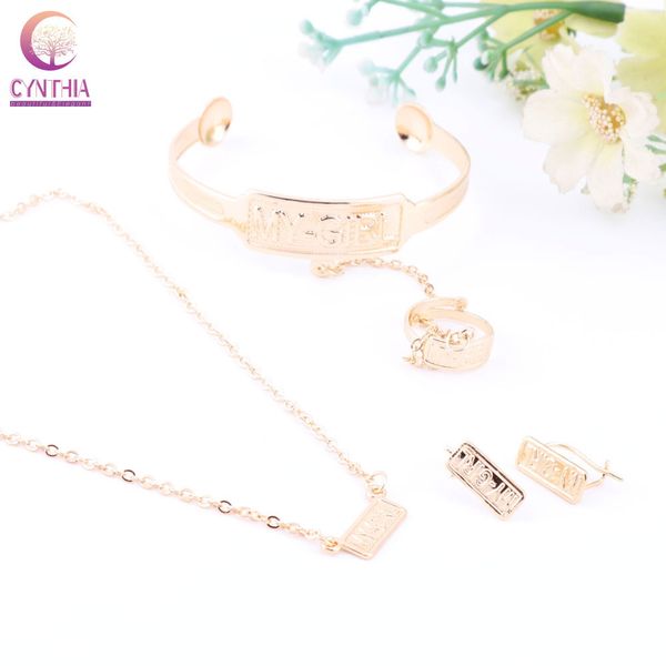 Moda 18K chapado en oro niños conjuntos de joyas para bebés collar/pendientes/anillo/brazalete regalos para niños conjunto de joyas