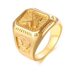 Gold Color Fashion Simple Men039s Anneaux en acier inoxydable Eagle Ring Jewelry Gift for Men Boys J4367198331