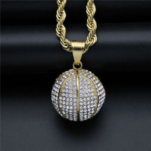 Collier avec pendentif de basket-ball 3D en Zircon cubique, chaîne glacée de couleur or, cadeau Hip Hop pour hommes et femmes, bijoux de fête en or jaune 14 carats