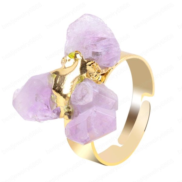 Bague en pierre de gemme naturelle irrégulière de couleur or pour dame violet cristal Quartz réglable bagues autrichiennes bijoux