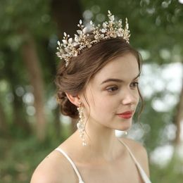 Gouden kleur blad vrouwen kroon bloemen bruids tiara accessoires handgemaakte opaal kristal haar sieraden voor bruiloft prom