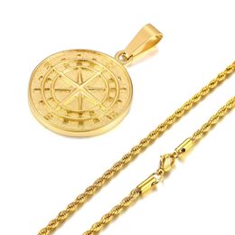 Colliers boussole pour hommes couleur or, médaille d'ancre Viking North Star vintage, pendentif en or jaune 14 carats pour homme papa petit ami 3935