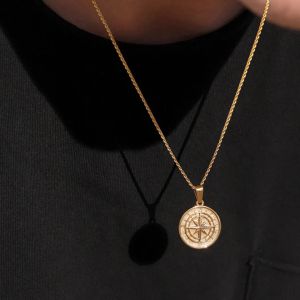 Gold Color Mens Compass Colliersvintage Viking North Star Anchor Medal14K Pendentif jaune pour mâle papa copain cadeau