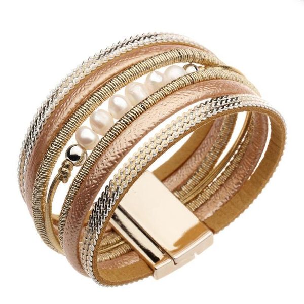 Bracelets en cuir de charme de barre en métal de couleur or pour femmes à la mode Boho corde tressée large bracelet multicouche femme jllOpL
