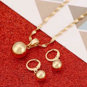 Or couleur plaine perle ronde chaîne collier boule boucles d'oreilles pendentif femmes ensemble de bijoux cadeau