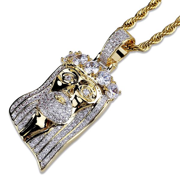 Collier avec pendentif visage de jésus glacé plaqué or, Micro pavé, grand collier Hip Hop en pierre CZ pour hommes et femmes