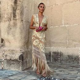 Gouden kleurgedrukte onregelmatige kwastjes kleden sexy losse V -nek mesh jurken zomer elegant vrouwelijk feest prom vestidos 240412