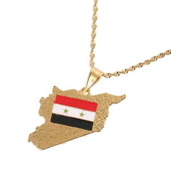 Or couleur acier inoxydable émail syrie carte drapeau pendentif colliers à la mode syriens cartes chaîne bijoux