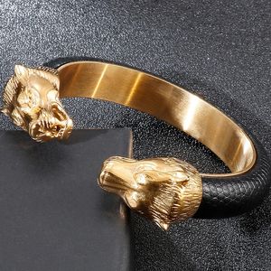Goudkleur roestvrijstalen leeuwenkop open armbanden voor mannen elastische verstelbare lederen armbanden jongens handaccessoires sieraden 240416
