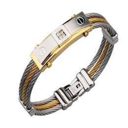 Cable de alambre de color dorado para hombre, pulseras con dijes, brazaletes de acero de titanio, joyería de moda para hombre 237j