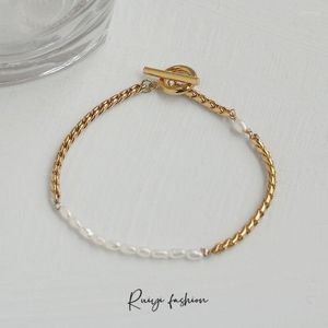 Bracelet en cuivre doré, chaîne de perles naturelles, boucle OT, Design féminin, sens Ins, mode rétro, industrie lourde, Bracelets porte-bonheur