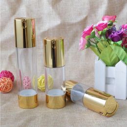 Gold Cosmetic Airless Lotion Bottle Essence Serum Packaging Pump Bottles 15ml 30ml 50ml Contenedores de maquillaje vacíos 100pcs Lkjai