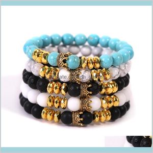 Bracelet couronne en or pierre naturelle pierre de lave perles turquoise bracelets bracelet femmes hommes bijoux de mode volonté et sable blanc bleu R5 Lkc3S