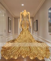 Gold Crystal Diamond Long -jurken 2024 voor zwarte meisjes Sparkly Mermaid Style Champagne -pailletten promjurken met trein