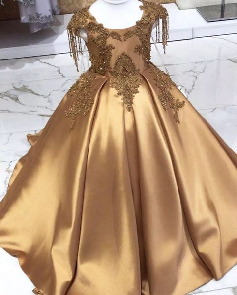 Vestido largo de cristal dorado para niñas, vestidos de desfile con cuentas, ropa infantil para niños pequeños, vestidos de cumpleaños 2021
