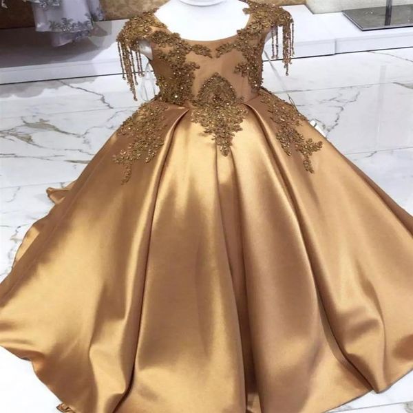 Vestido largo de cristal dorado para niñas, vestidos de desfile con cuentas, ropa infantil para niños pequeños, vestidos de cumpleaños 2021, 2021