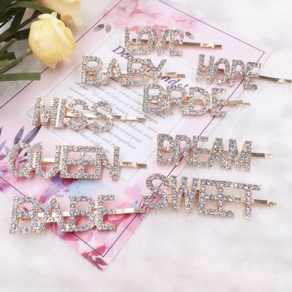 Gold Kristall Strass Brief Haar Clips Mädchen Haarnadel Bling Diamant Worte Haarspangen Mode Pony Clip Frau Großhandel