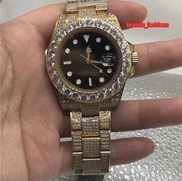Gouden diamant mode horloge zwart grote wijzerplaat 40mm goud roestvrij stalen diamant horloge mannen kalender automatische polshorloge gratis verzending