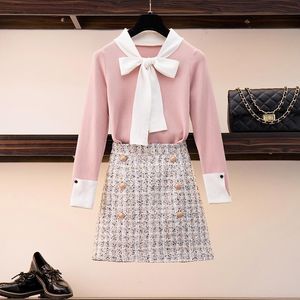 Goud Double-Breasted Tweed Rok 2 Stuk Set 2021 Lente Vrouwen Sweet Tie Kraag Knitshirt Top + Mini Plaid Potlood Dames TWEE BROEPEN