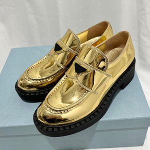 Gouden jurk schoenen luxe designer klassieke driehoek gesp dames echt lederen loafers kristal strass dikke hak 8,5 cm hoge hakken dames platformschoen 35-41