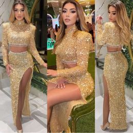 Gouden jurken prom sparkly pailletten hoge nek tweedelige zijkant split op maat gemaakte vloer lengte avond feestjurken formele ocn slijtage vestidos ontwerper