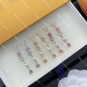 Gouden oordruppel kristal brief Stud roze diamant hoepel oorbellen luxe parel oorbel voor vrouwen bruiloft verlovingscadeau
