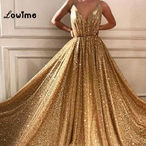 Goud elegante Arabische Sparkle Avondjurken Lovertjes met Spaghetti-riemen Lange prom jurk avondjurken 2018 Marokkaanse kaftans