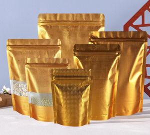 emballage debout en relief doré sac ziplock à fermeture éclair avec fenêtre transparente emballage refermable mylar sacs de poche dorés