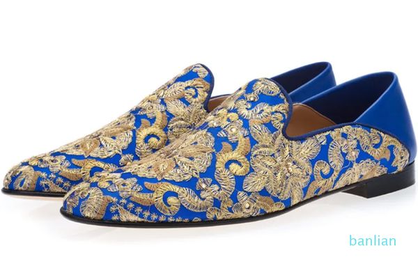 mocasines bordados dorados tacón plano azul novio zapatos de vestir de boda tamaño grande euro 38-46
