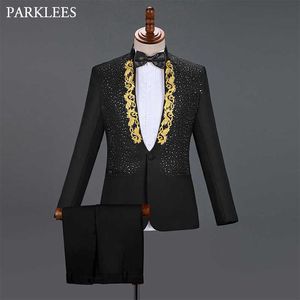 Costume de broderie d'or hommes col montant diamant hommes costumes avec pantalon mariage marié smoking costumes scène chanteur fête Costume Homme X0909