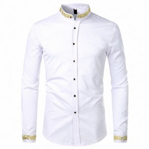 Chemise blanche brodée d'or pour hommes, tout nouveau col montant, chemises Dr décontractées, Slim, manches Lg, Chemise Homme Camisa Masculina 071Y #