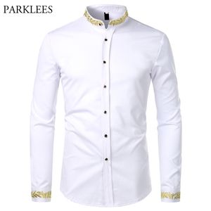 Chemise blanche de broderie d'or hommes marque col montant chemises habillées pour hommes décontracté mince à manches longues Chemise Homme Camisa Masculina 220322