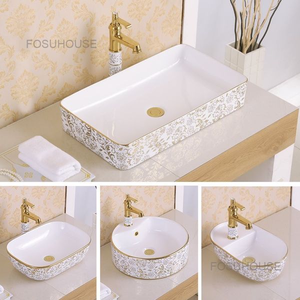 Gold european cerámica lavamanos de baño de lujo de lujo para lavavajillas de lavado a mano modernos