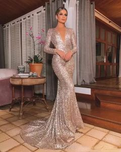 Gouden Avondjurk Lange Glanzend Nieuwe Open Hals Vrouwen Elegante Bandjes Pailletten Zeemeermin Maxi Prom Party Gown Abendkleider Robe De Soiree Vestidos