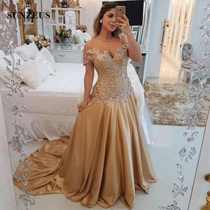 Vestidos de Noche dorados, vestido Formal largo de satén, corte en A, escote en forma de corazón y hombros descubiertos, vestidos de fiesta con cuentas, vestido elegante para mujer de noche203m