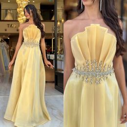 Gouden avond elegant een lijn strapless kristal taille formele feest prom jurk ruches jurken voor speciale ocn es