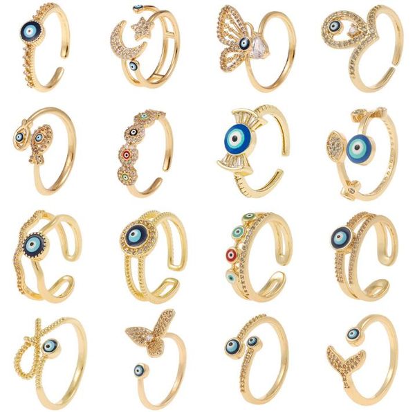 Gold Evil Blue Eye Ringen Zirkoon Verstelbare Eenvoudige Stijl Staart Ring Koper Druipende Olie Sieraden Ring Cadeau voor Vrouwen Meisjes