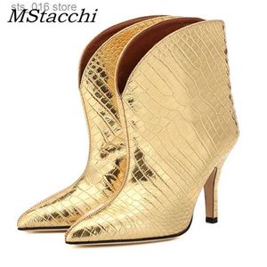 Gouden mode dames mstacchi lente herfst herfstschoenen pintte teen enkellaarzen voor vrouwen luipaard print hihg hakken schoenen 9b59