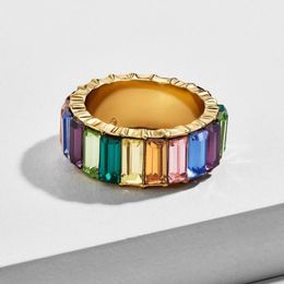 Goud gevulde mode-sieraden regenboog vierkante baguette cz verlovingsring voor vrouwen kleurrijke zirconia cz eeuwigheid band ring309d