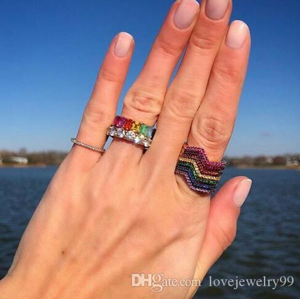 Bagues de mariage à la mode, bijoux arc-en-ciel, baguette carrée, bague de fiançailles CZ pour femmes, bague d'éternité colorée en zircone cubique