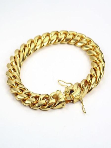 Bracelet à chaîne cubaine Miami pour hommes, rempli d'or, Double fermoirs de sécurité, Hip Hop, acier inoxydable, bijoux à maillons de bordure hautement polis 9838727